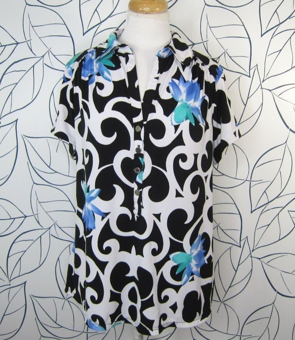 Alfani Women Blouse Pullover Collared Henley Neck Size 1X Black Blue White Flora